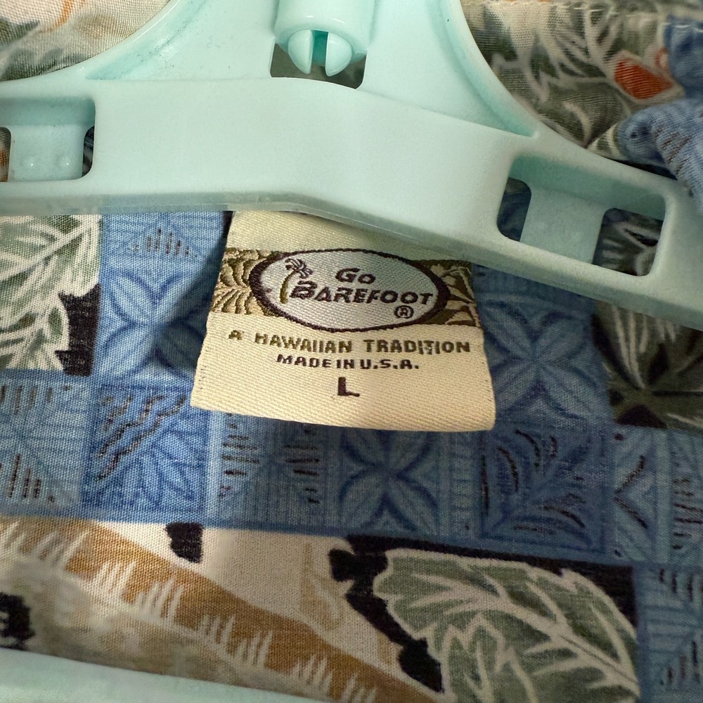 Go Barefoot Shirt Mens Large Blue Hawaiian Popover Camp Island Tropical Tribe - Picture 5 of 8